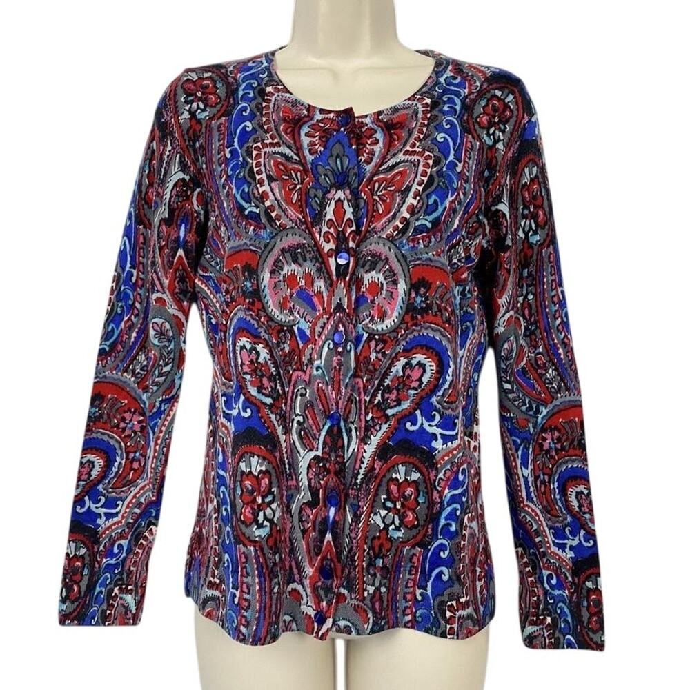 Talbots Pure Merino Wool Cardigan Sweater Womens Medium Red Blue Paisley Classic